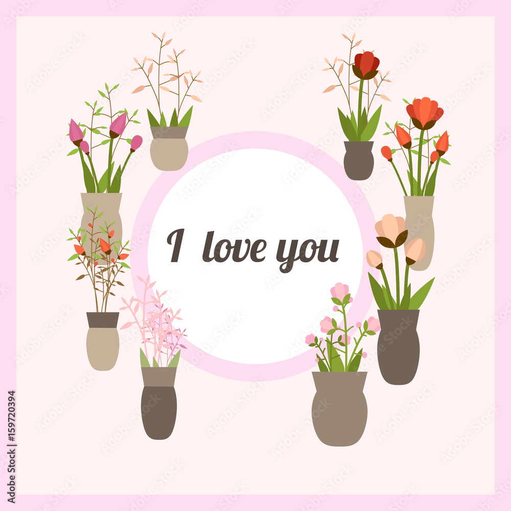 Light pink card with flowers in pots and I love you in a frame
