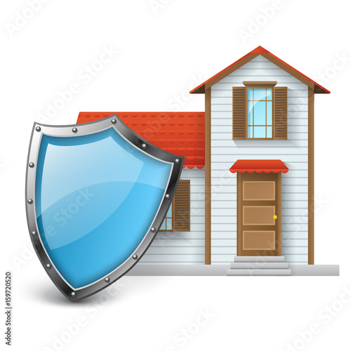 Vector illustration of house protected with blue shield, for security or alarm design
