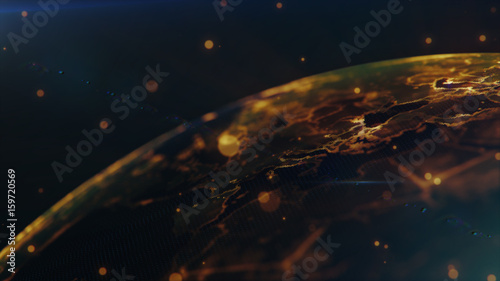 Connection lines Around Earth Globe, Futuristic Technology Theme Background with Light Effect, 3D illustration. Glowing Yellow dots. 3D illustration