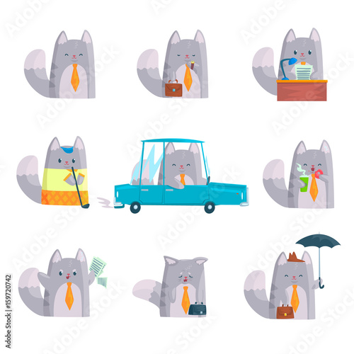 Cute businessman cat character at work and rest, funny cat in different situations set of cartoon colorful Illustrations