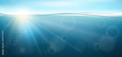 Underwater horizontal banner in sea with sunlight shining under. Blue sky and sun on top, vector illustration for water design
