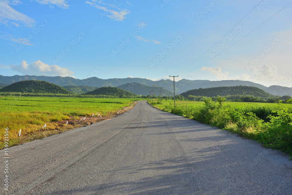 Naklejka premium Life was faced obstacles ahead, we need to get through it.Country road to the Mountain natural landscape,Tropical of rural in Thailand.