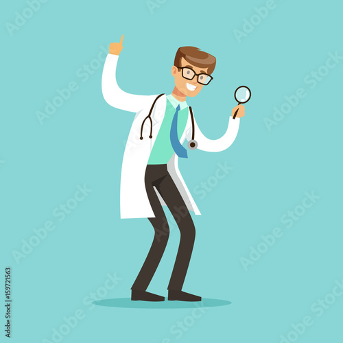 Smiling male doctor character standing and looking through loupe vector Illustration