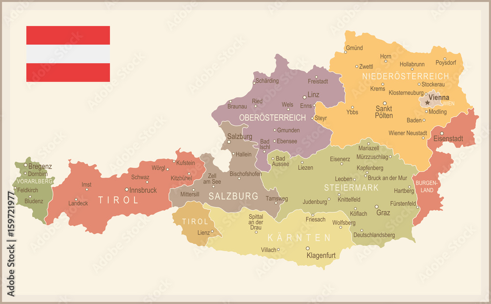Austria - vintage map and flag - illustration