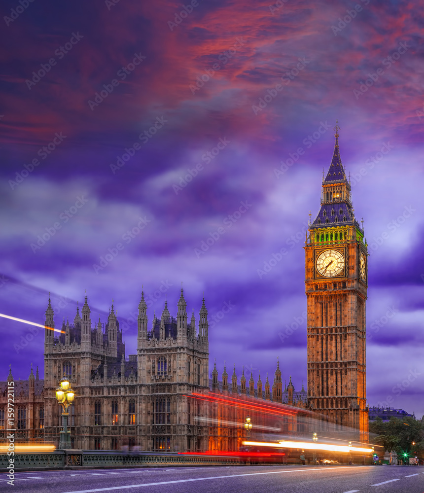 Big Ben during colorful evening in London, England, UK