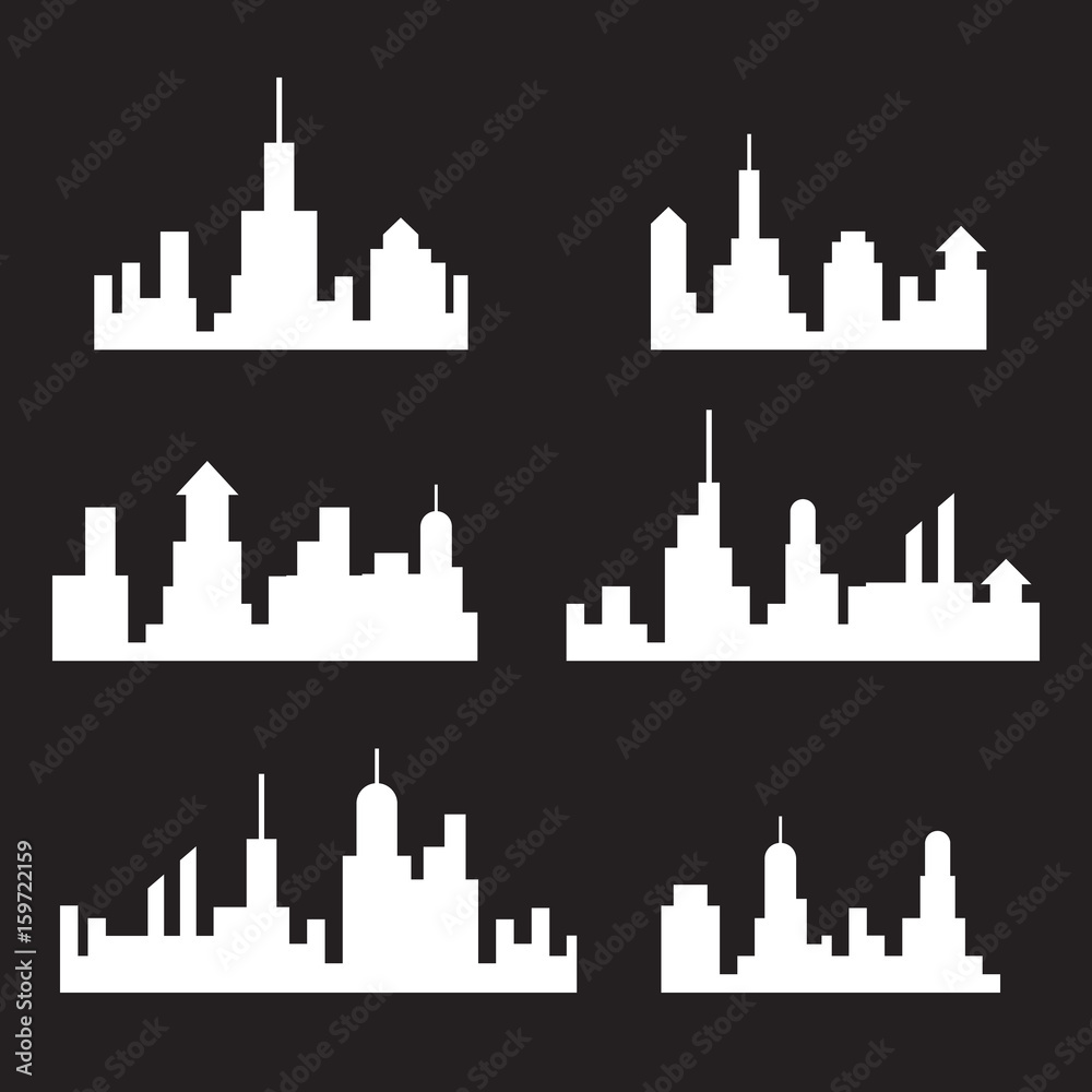 City skylines silhouette, cityscape set, white isolated on black background, vector illustration.