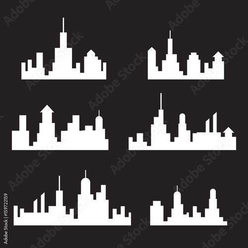 City skylines silhouette, cityscape set, white isolated on black background, vector illustration.