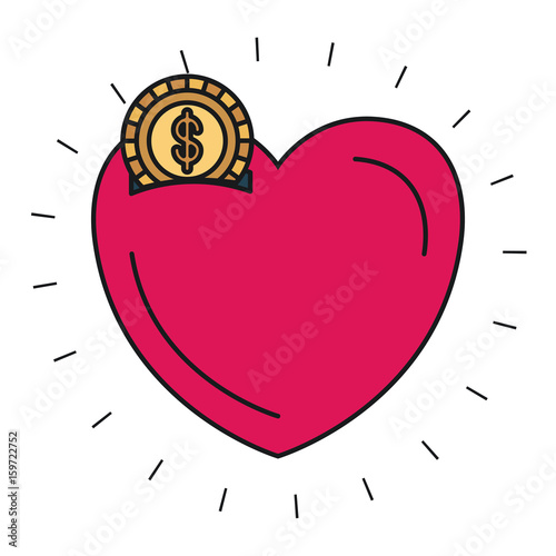 colorful silhouette money box in heart shape with coin with dollar symbol vector illustration