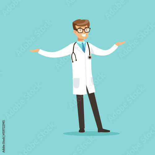 Young smiling male doctor character standing vector Illustration