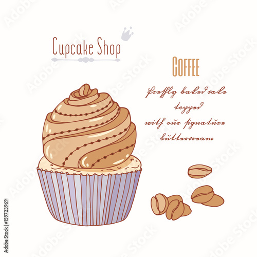 Hand drawn cupcake with doodle buttercream for pastry shop menu. Coffee flavor