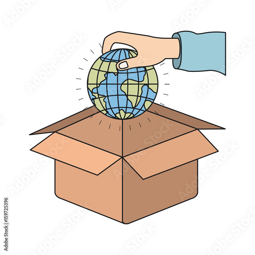 colorful silhouette hand holding a globe earth world to deposit in cardboard box vector illustration