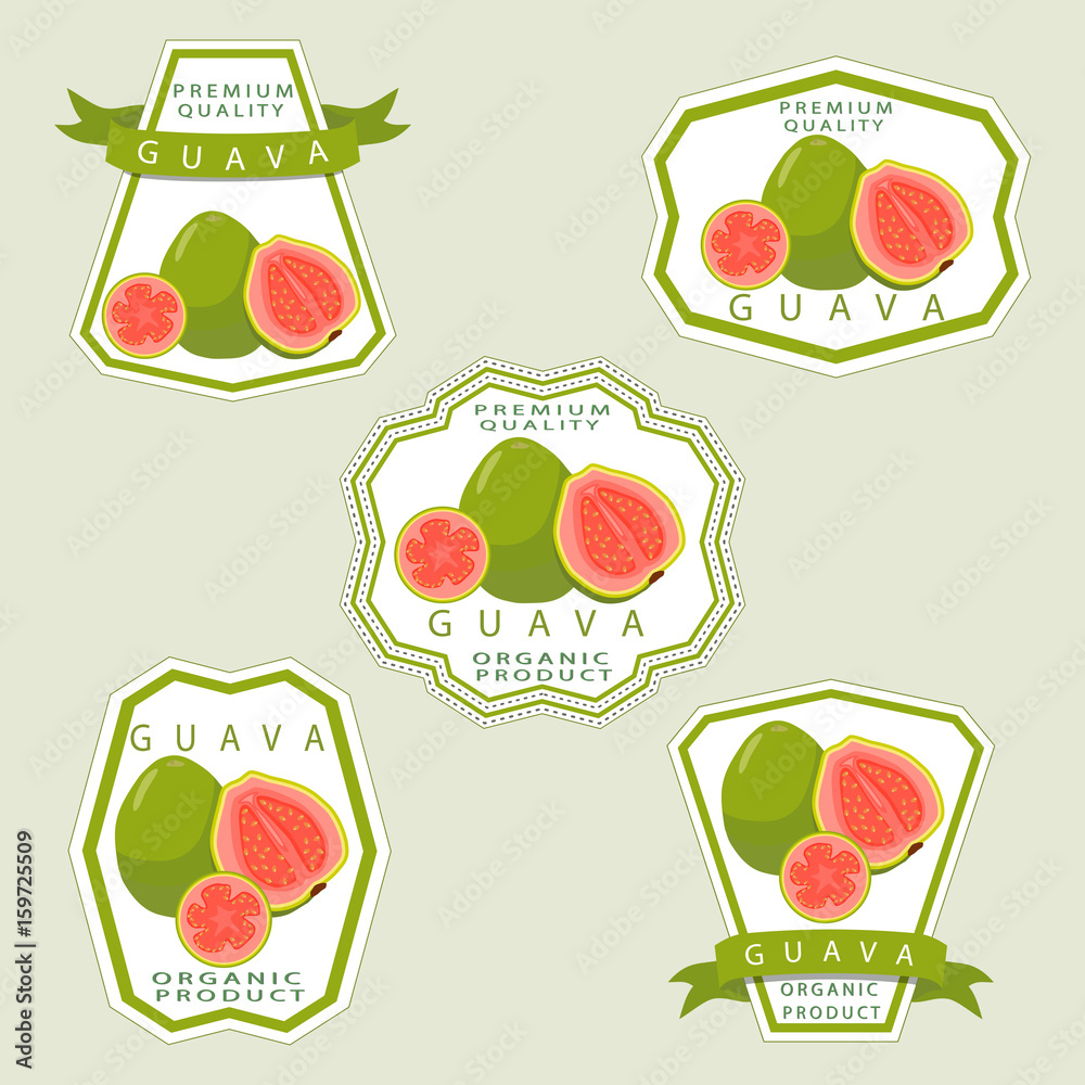 Guava Tag Vector illustration logo for whole ripe fruit red guava,cut half sliced ...