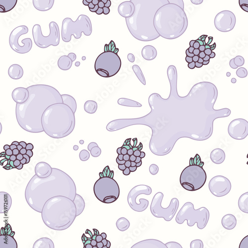 Seamless pattern with hand drawn blackberries and blueberries bubble gum. Forest berries flavor