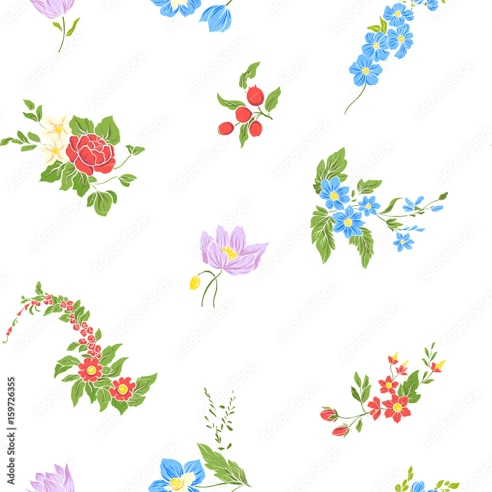 Seamless pattern with vintage embroidered flowers in vintage style on white background.
Stock line vector illustration.