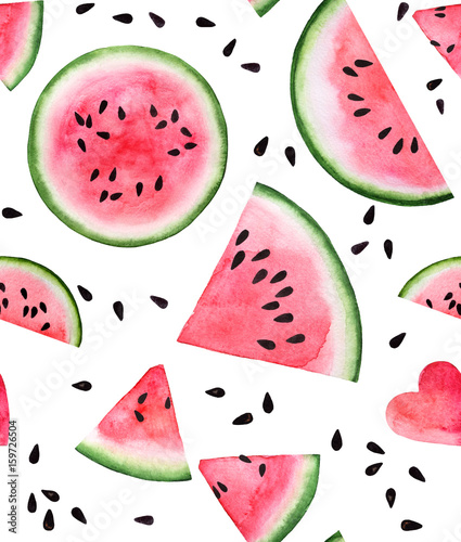 Fototapeta Naklejka Na Ścianę i Meble -  red pink watermelon slice and seed seamless watercolor background for web, paper, texture,textile, design, logo,label, tag, sale, clothes and brand package. isolated on white hand draw illustration