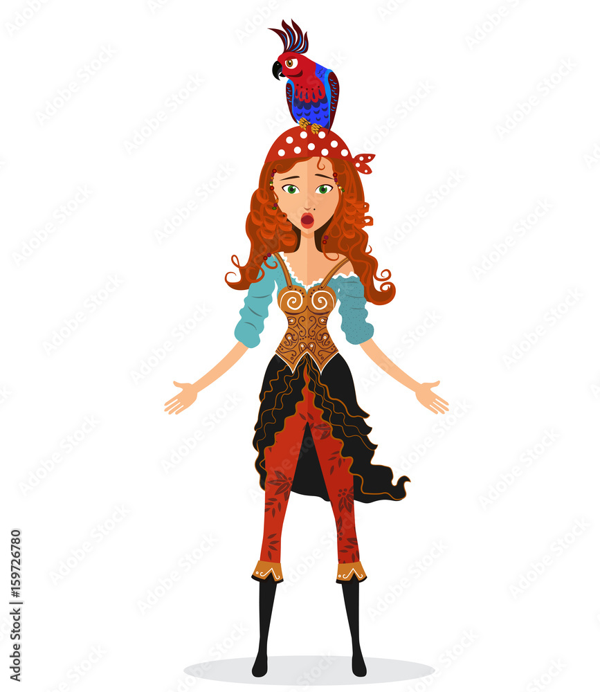 Funny surprised red-haired pirate girl with a parrot isolated on white background vector illustration
