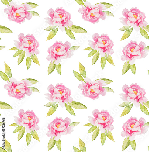 Fototapeta Naklejka Na Ścianę i Meble -  Seamless flowers pink peony rose and wildflower forget me not on a white background.watercolor cartoon children hand draw illustration for textile, paper, tag, logo, brand, web design, banner, label