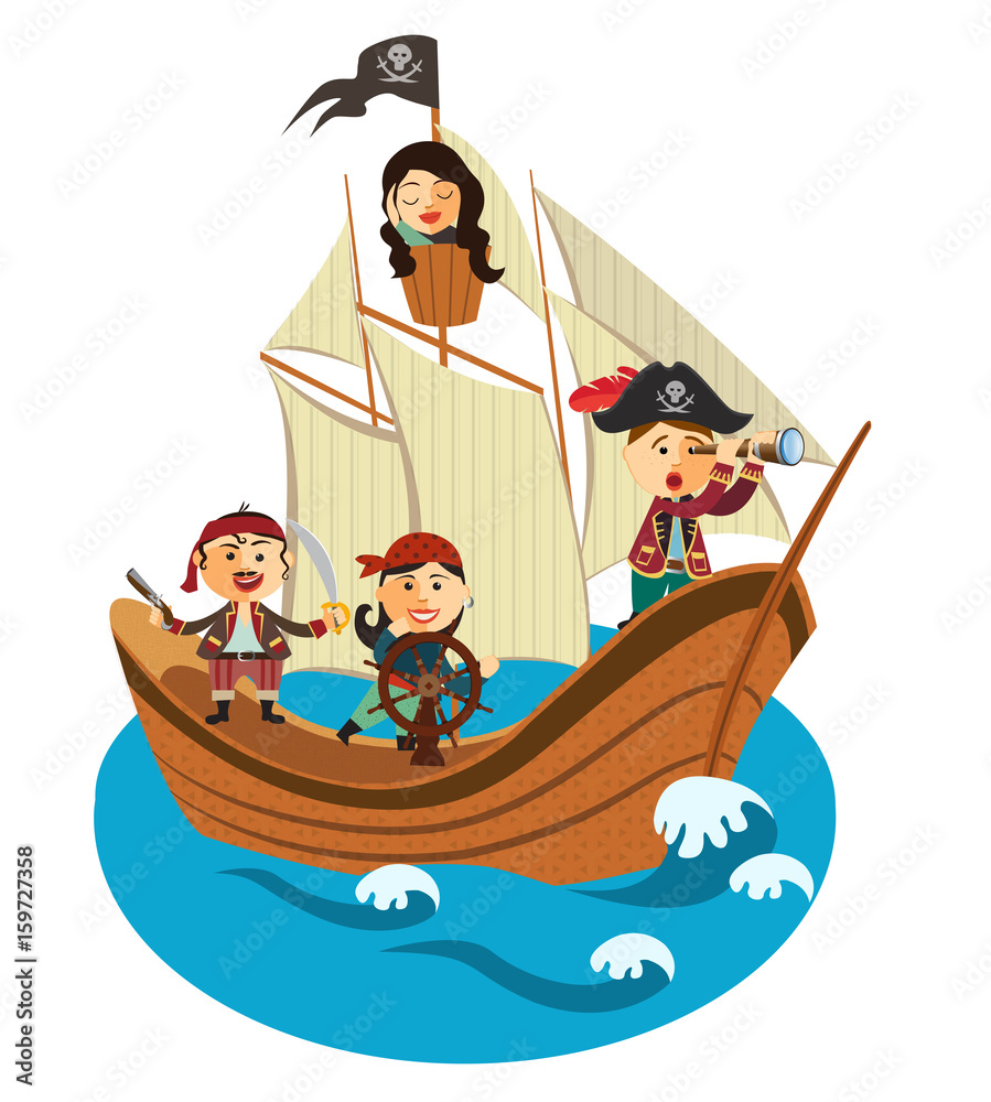 Happy pirates sailing in their pirate ship vector Isolated on a white background. Happy pirates sailing in their pirate ship vector Isolated on a white background.