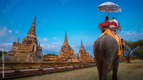 Tourist with Elephant at Wat Phra Si Sanphet temple in Ayutthaya Historical Park, a UNESCO world heritage site, Thailand
