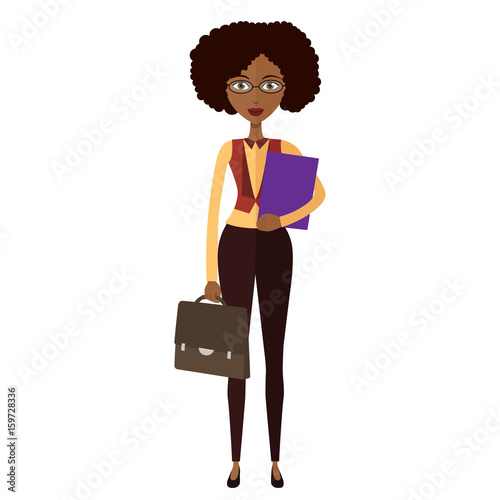 Spectacled African american business woman. Banker.Bespectacled business-lady ready for work flat cartoon vector illustration. Eps10. Isolated on a white background.