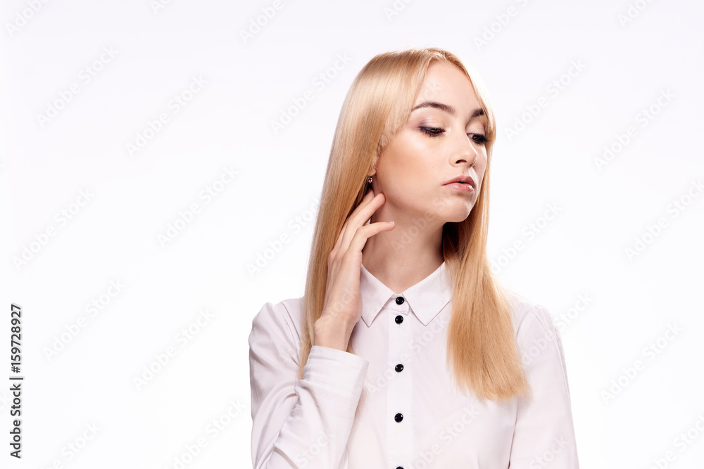 Woman in a white shirt, blonde on a light background Woman in a white shirt, blonde on a light background