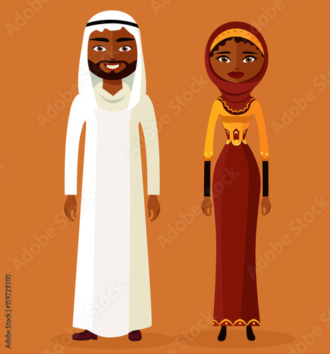 Arab man and woman in traditional clothes vector illustration.