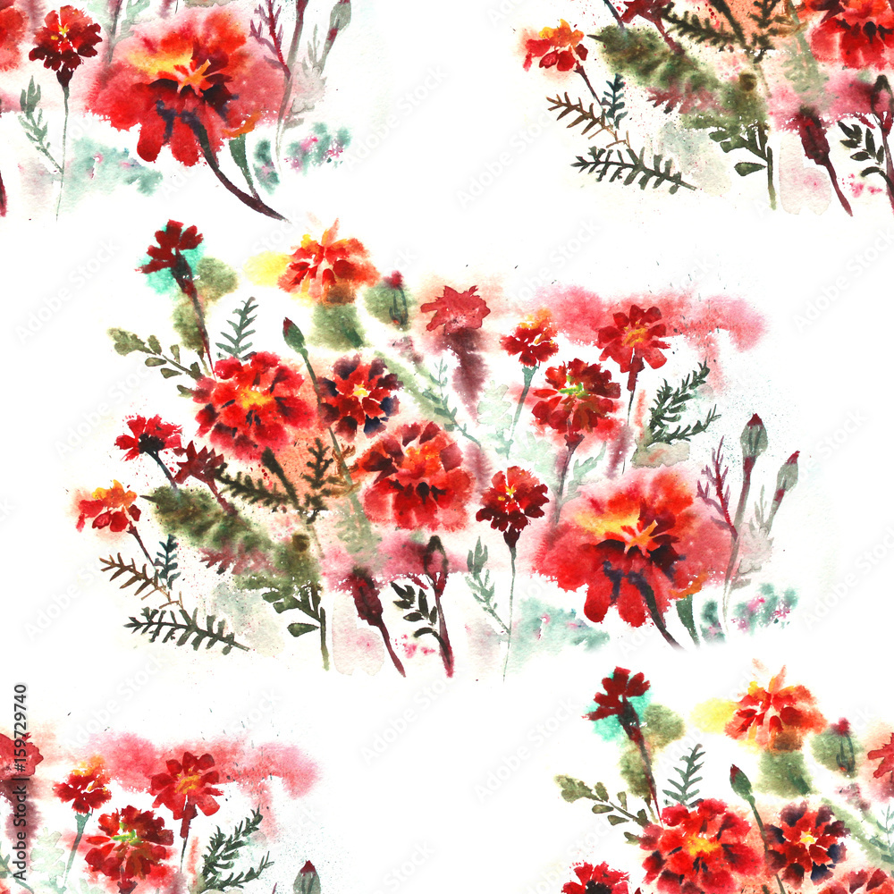 Floral seamless pattern on white background with Marigold Flowers. Watercolor.