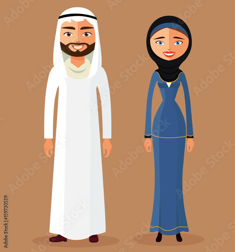 Cartoon illustration of a young arab lady and man vector isolated
