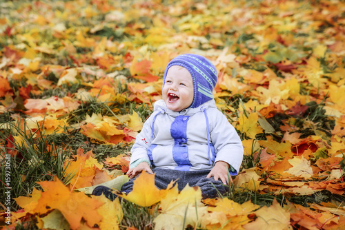 the laughing boy sits on autumn leaves