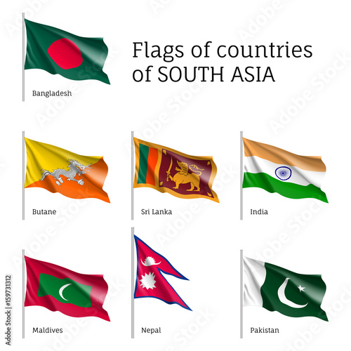 Set of waving flags on flagpole of South Asian countries: Bangladesh, India and Maldives, Sri Lanka, Butane and Nepal. Collection with 7 signs of Asian states. Vector isolated icons