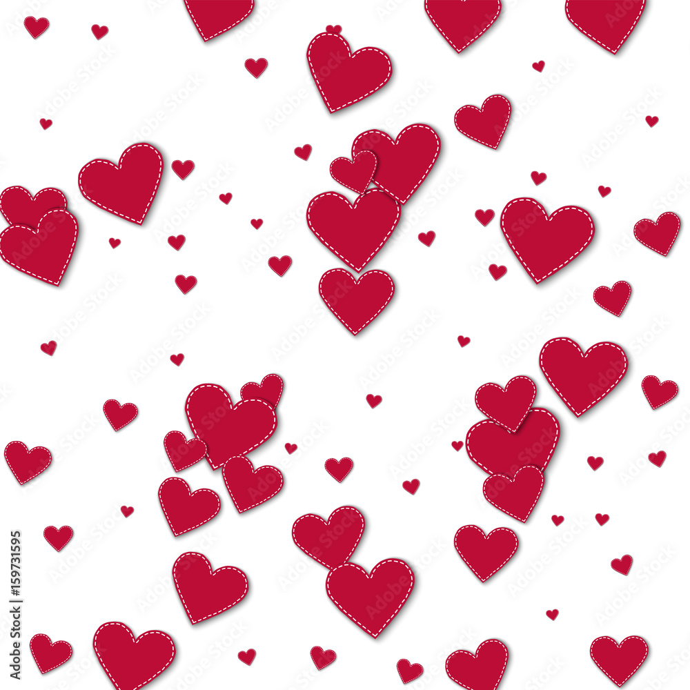 Red stitched paper hearts. Scatter horizontal lines with red stitched paper hearts on white background. Vector illustration.