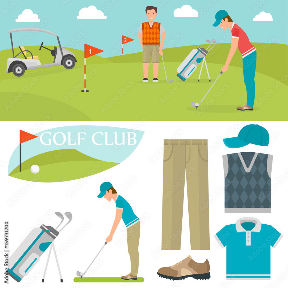 Fototapeta premium Vector set of stylized golf icons hobby equipment collection cart golfer player sport symbols