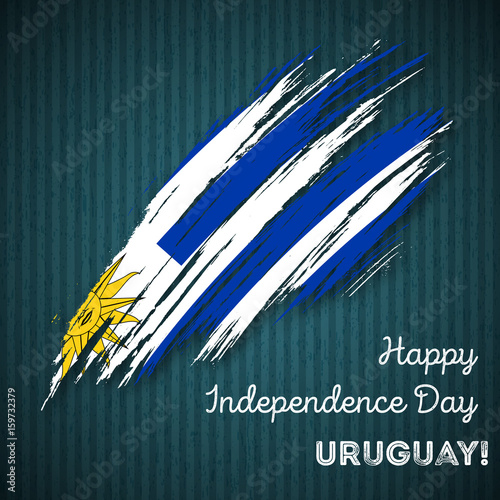 Uruguay Independence Day Patriotic Design. Expressive Brush Stroke in National Flag Colors on dark striped background. Happy Independence Day Uruguay Vector Greeting Card.