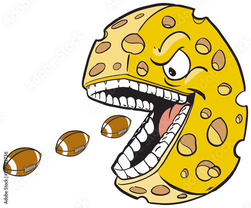 cheese wheel with face and mouth eating footballs