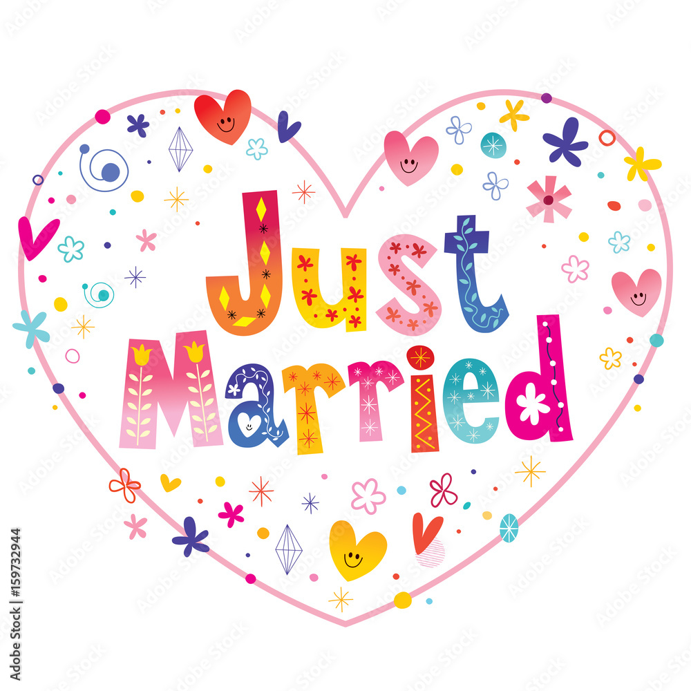 Just married decorative lettering heart shaped love design