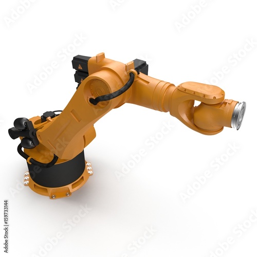 Orange robot arm for industry isolated on white. 3D Illustration