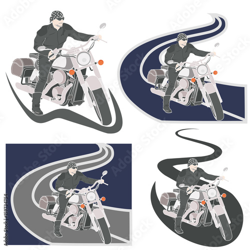 Set of Bikers on a motorcycle on a road in vintage style, emblem, sign, logo. Gray, blue colors. Vector illustration AI 10.