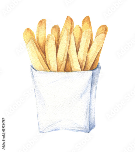 Hand drawn watercolor french fry in paper wrapping, delicious fast food illustration, isolated on white background.