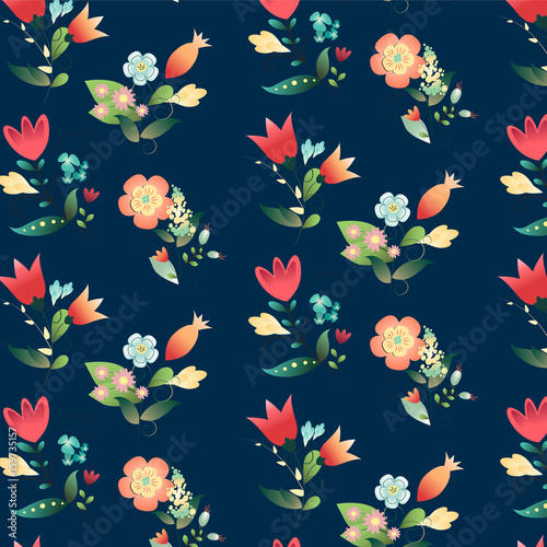 Seamless beautiful floral pattern design on a dark blue background