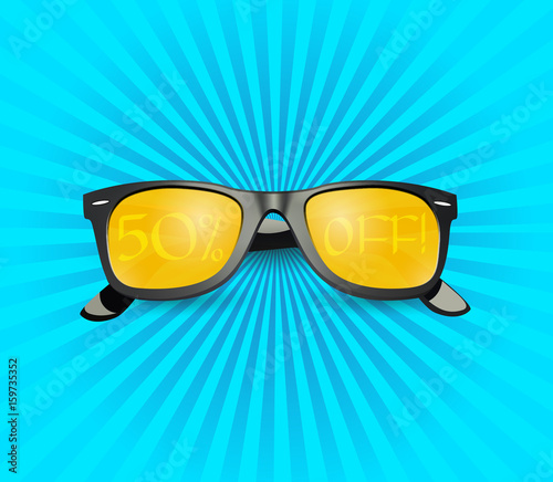 3D sunglasses on sunburst wallpaper, summer sales poster