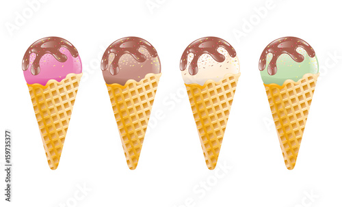 Set of ice cream in a waffle cone with a taste of fruits, berries, nuts. Dessert of different colors, raspberry, chocolate, vanilla, pistachio with sauce and crumbs for menu design and posters, vector