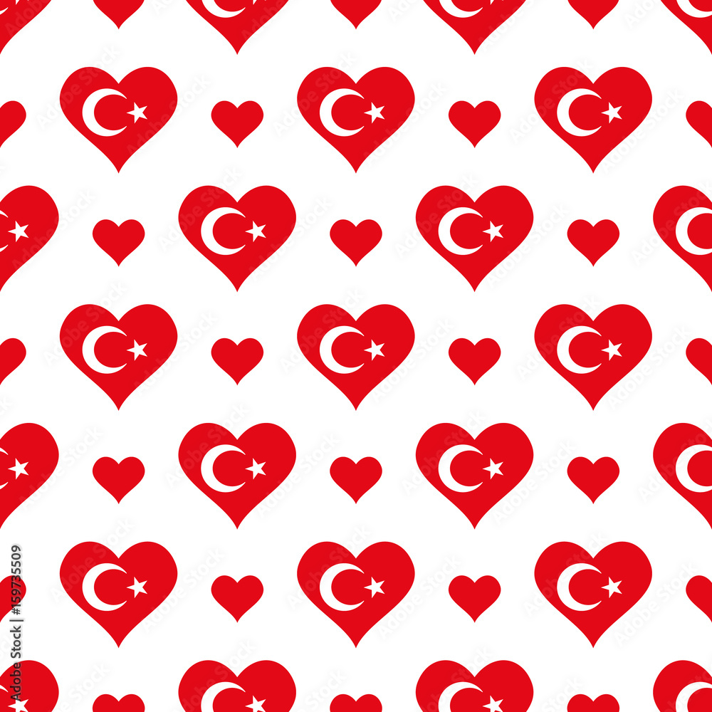 Flag of Turkey seamless pattern vector background with heart