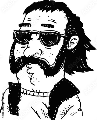 A black and white cartoon drawing of a cool dude with a handlebar mustache and sunglasses/