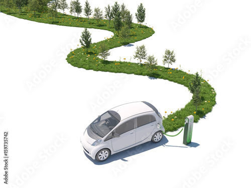 Concept for electric car creating nature on its path white background 3d rendering