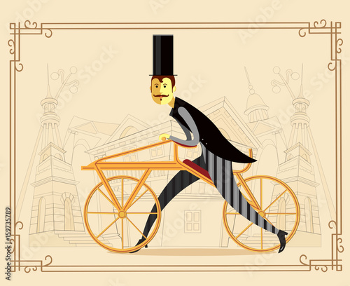 Englishman aristocrat on retro vintage old bike on old city background vector illustration