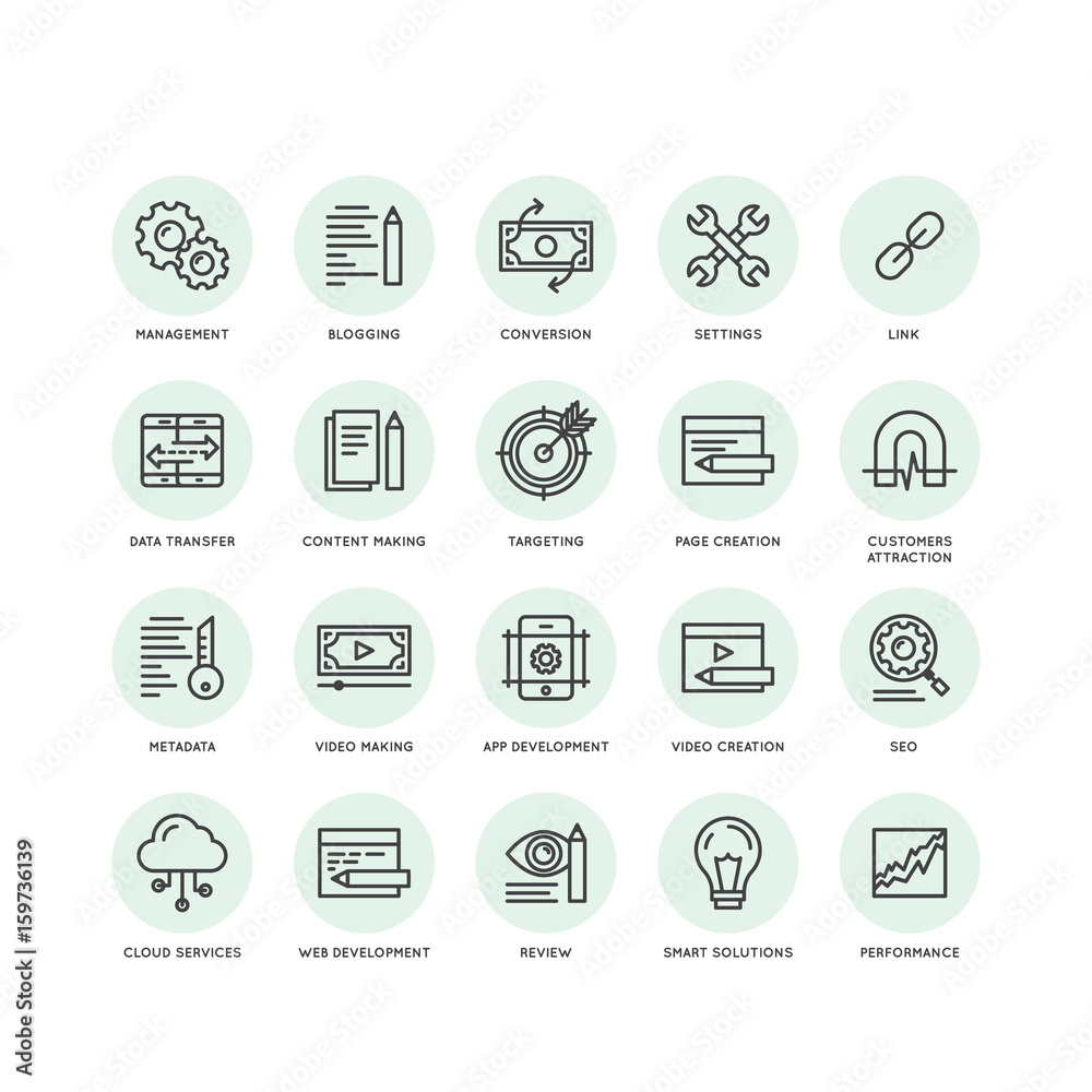Vector Icon Style Illustration Set of SEO and Development Processes, Web and Mobile Management, Programming and Coding