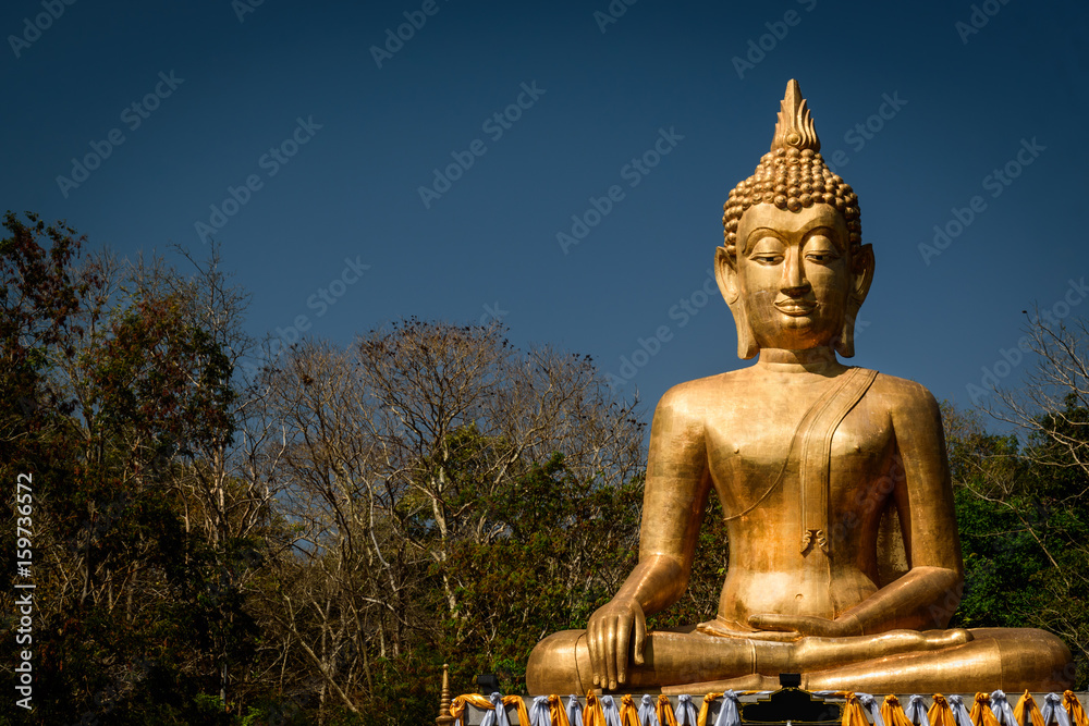 Golden Buddha statue in Buddhist temple or wat, is public domain or treasure of Buddhism. (Shot at outdoor ,public area) Golden Buddha statue in Buddhist temple or wat, is public domain or treasure of Buddhism. (Shot at outdoor ,public area)