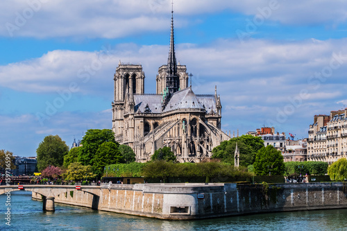 View of Cathedral Notre Dame de Paris - a most famous Gothic, Roman Catholic cathedral (1163 - 1345) on the eastern half of the Cite Island. © dbrnjhrj