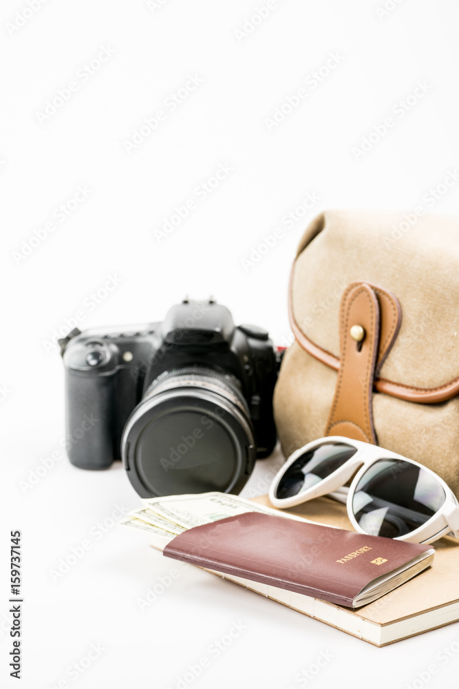  Traveler's accessories and items on white.