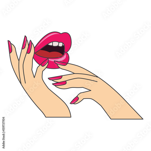 red  lips and manicure nails . makeup and cosmetics, vector illustration